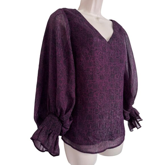 Halogen Metallic Balloon Sleeve Blouse Size XS V Neck Sheer Sleeve NWT Purple - Picture 13 of 14